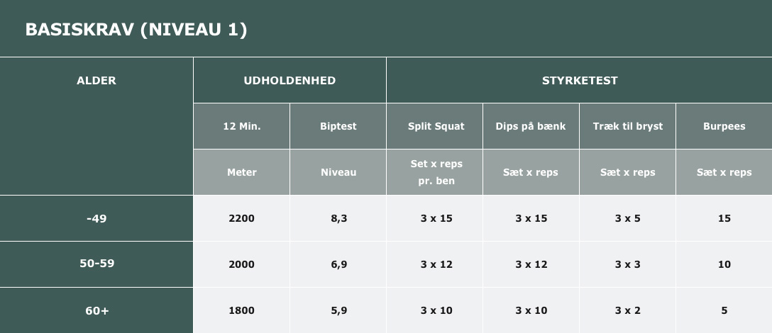 Tabel med basiskrav for udholdenhed og styrke opdelt efter alder.