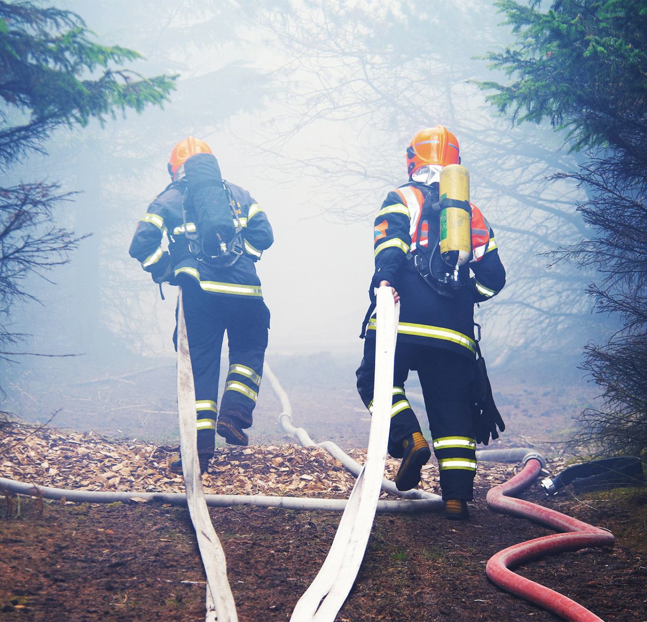 To beredskabsfolk bevæger sig gennem røgfyldt skov med brandslanger under en indsats.