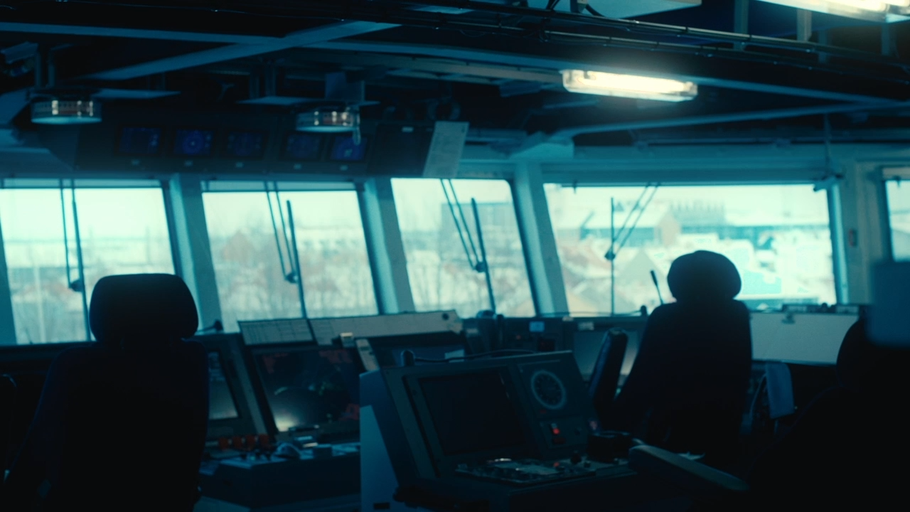 Bemandet bro på dansk krigsskib med kontrolpaneler, skærme og udsyn over havneområde.