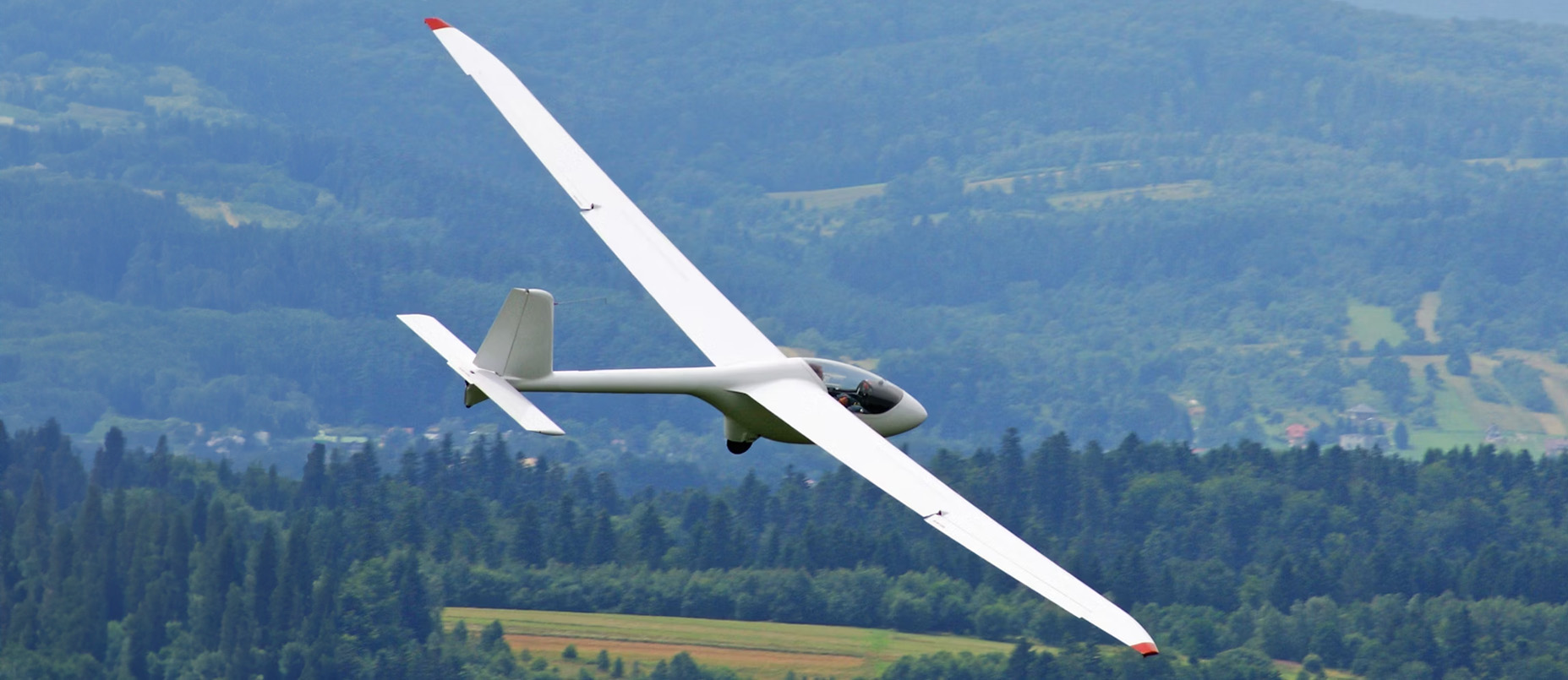 Svævefly i luften over skovklædt landskab.