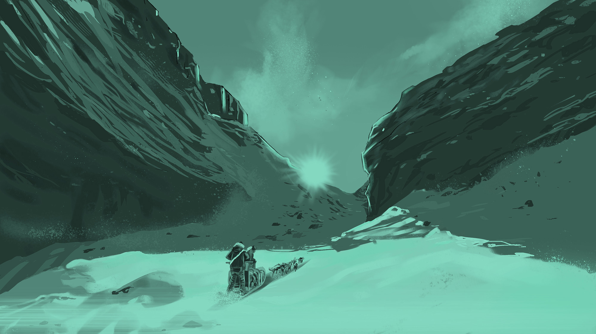 To patruljefolk og en hundeslæde bevæger sig gennem en sneklædt dal med høje, mørke fjeldvægge og lav sol i horisonten