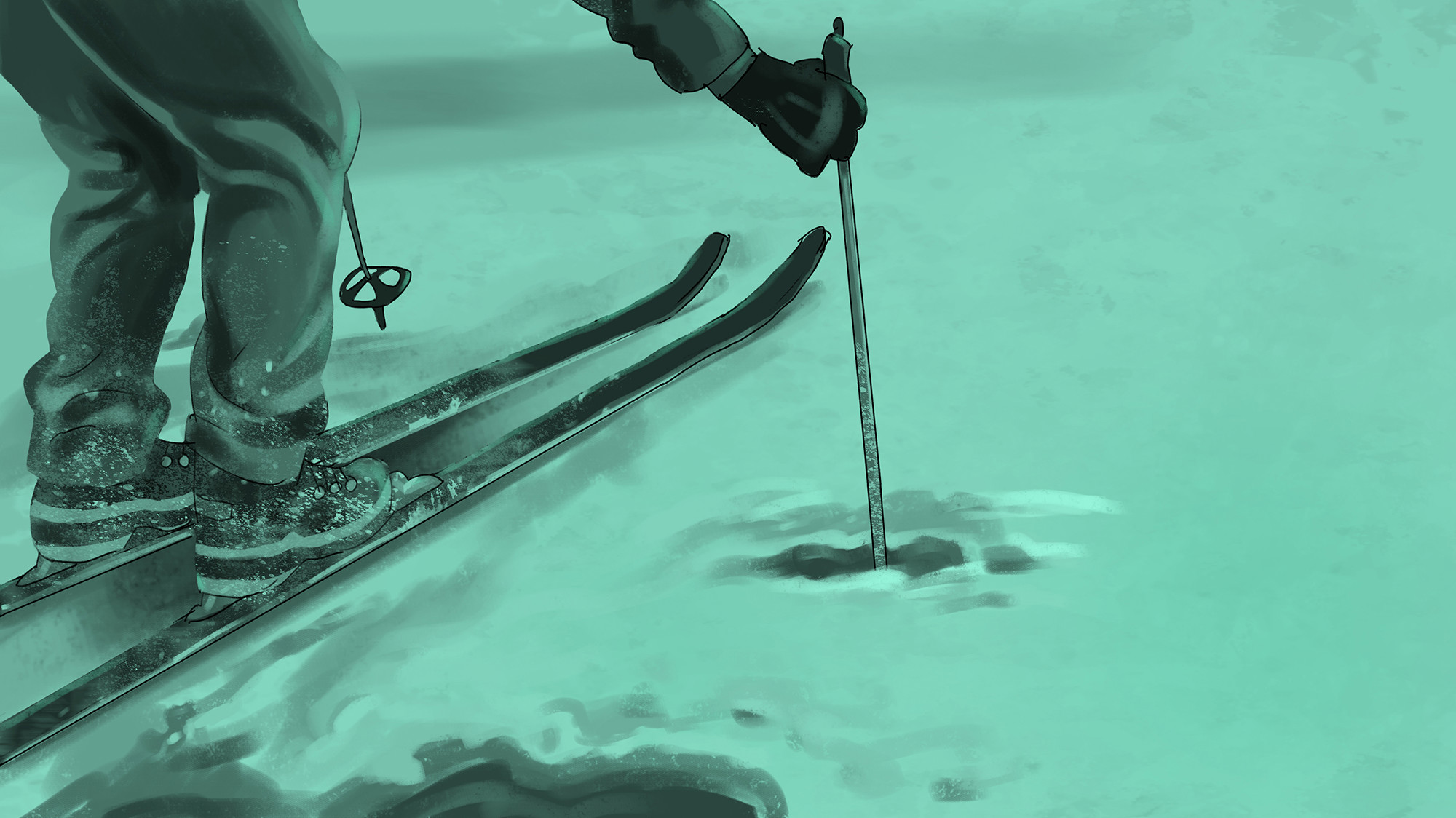 En person på ski måler isens tykkelse med en stav på en frossen overflade. Kun ben og skistøvler ses i billedet