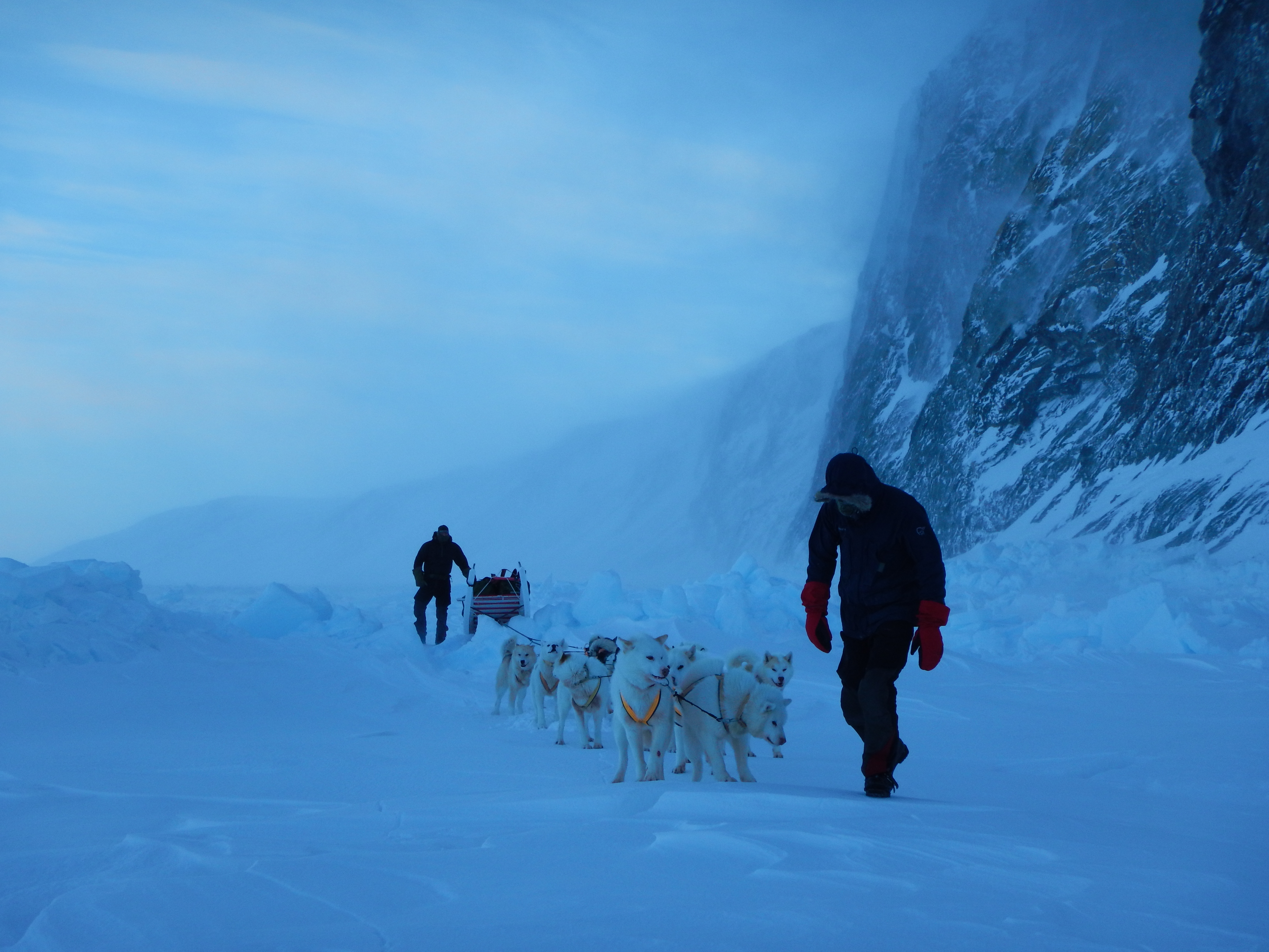 To Sirius-mænd og en hundeslæde bevæger sig gennem et snedækket, blæsende landskab langs en stejl klippevæg i Nordøstgrønland.