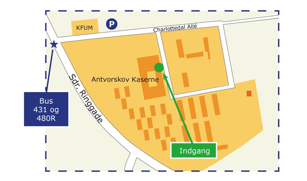 Kort over Antvorskov Kaserne i Slagelse, der viser indgangen, parkeringsmuligheder og buslinjerne 431 og 480R.